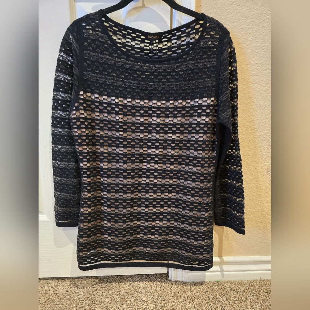 NWT ESCADA Size M Black Striped Mesh Lined Pullover $995